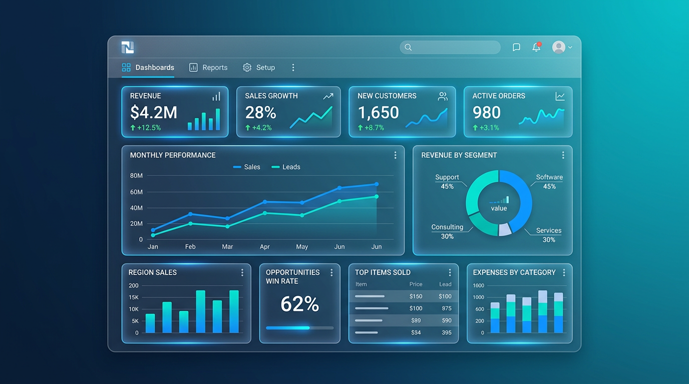 Optimized NetSuite dashboard showing financial KPIs, trend charts, and saved search portlets providing real-time business intelligence